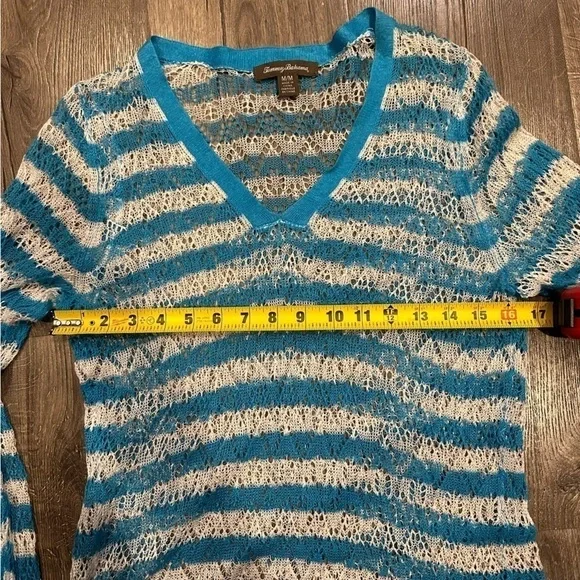 Tommy Bahama Womens Linen Turquoise Blue White Striped Swim Coverup Dress SZ M - Picture 3 of 10